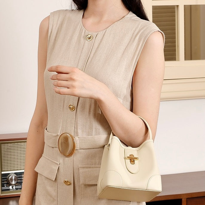 Women's Genuine Leather Mini Lock Bucket Crossbody Bag | Effortless Elegance