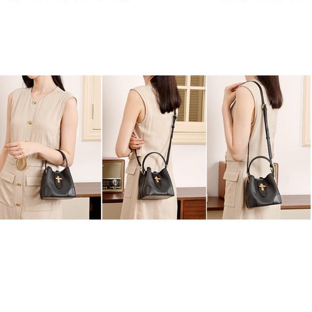 Women's Genuine Leather Mini Lock Bucket Crossbody Bag | Effortless Elegance