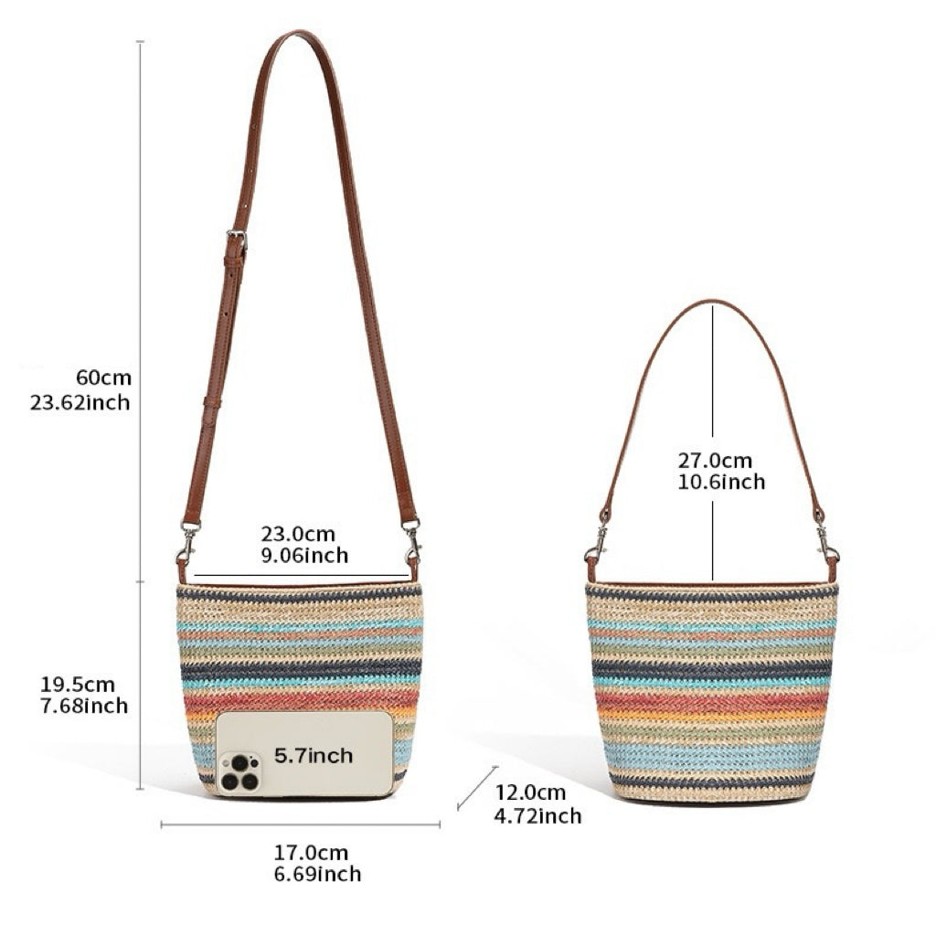 Women’s Genuine Leather Woven Straw Bucket Bag | Summer Colorblock Elegance