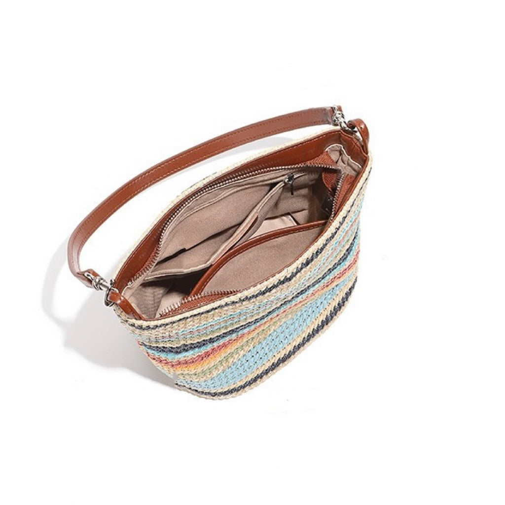 Women’s Genuine Leather Woven Straw Bucket Bag | Summer Colorblock Elegance