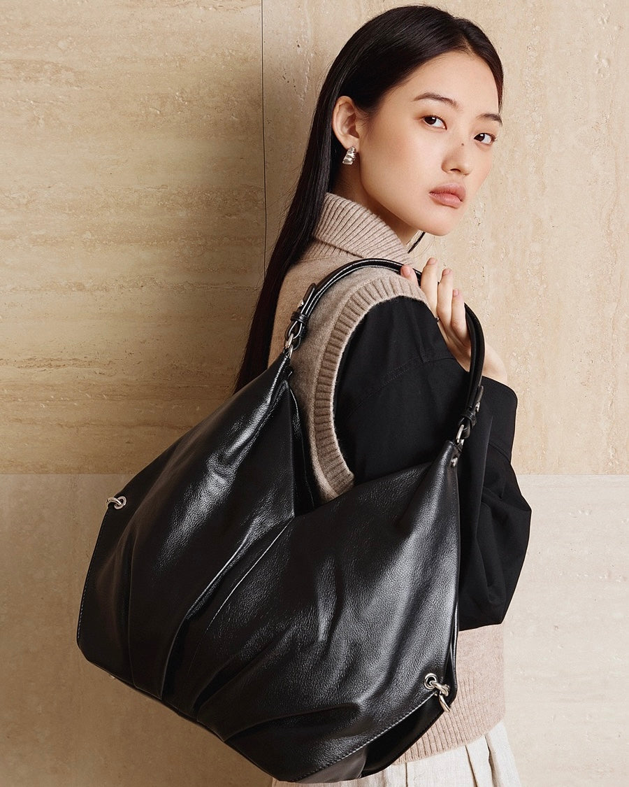 Women’s Genuine Leather Large Tote Hobo Bag | Effortless Ruched Elegance