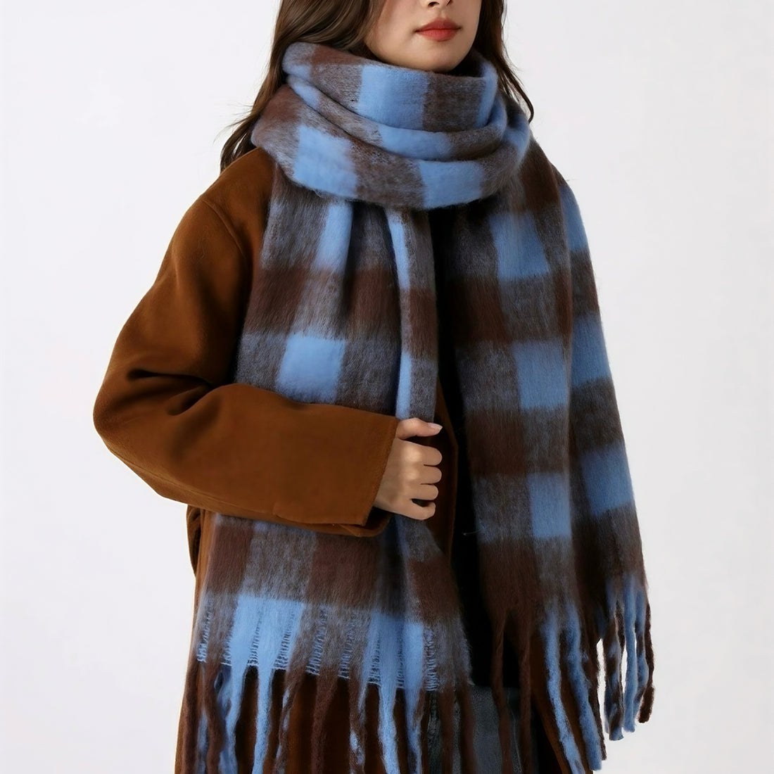 Women’s Blue Plaid Fringed Imitation Cashmere Scarf | Timeless Winter Elegance