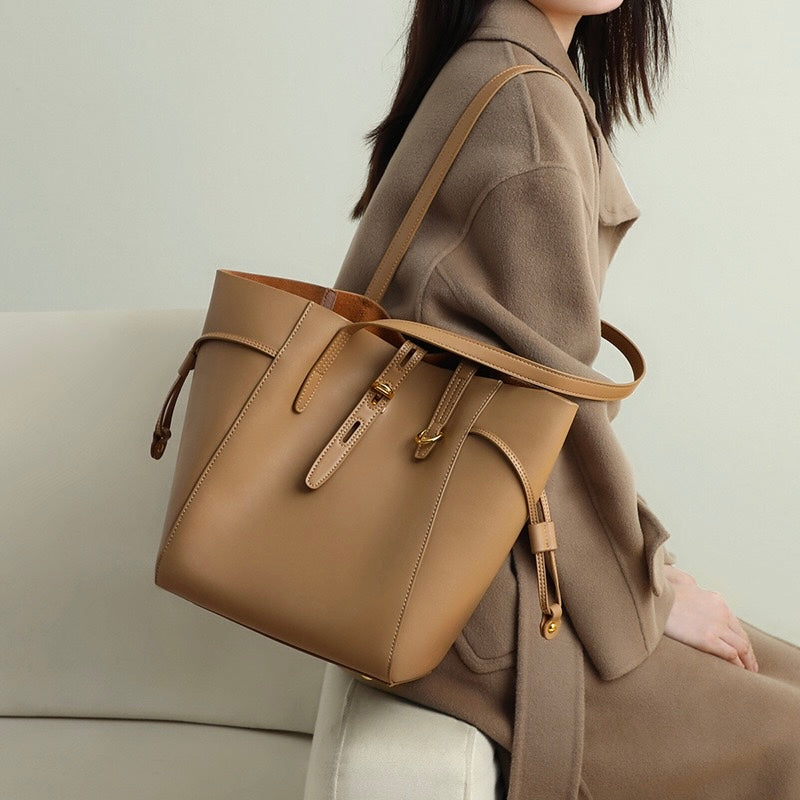 Women’s Genuine Leather Lock Buckle Tote Bag | Effortless Vintage Elegance