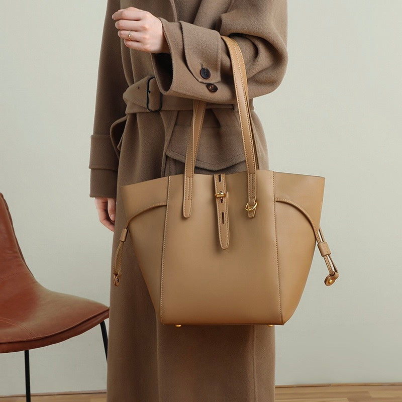 Women’s Genuine Leather Lock Buckle Tote Bag | Effortless Vintage Elegance