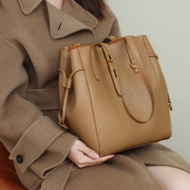Women’s Genuine Leather Lock Buckle Tote Bag | Effortless Vintage Elegance