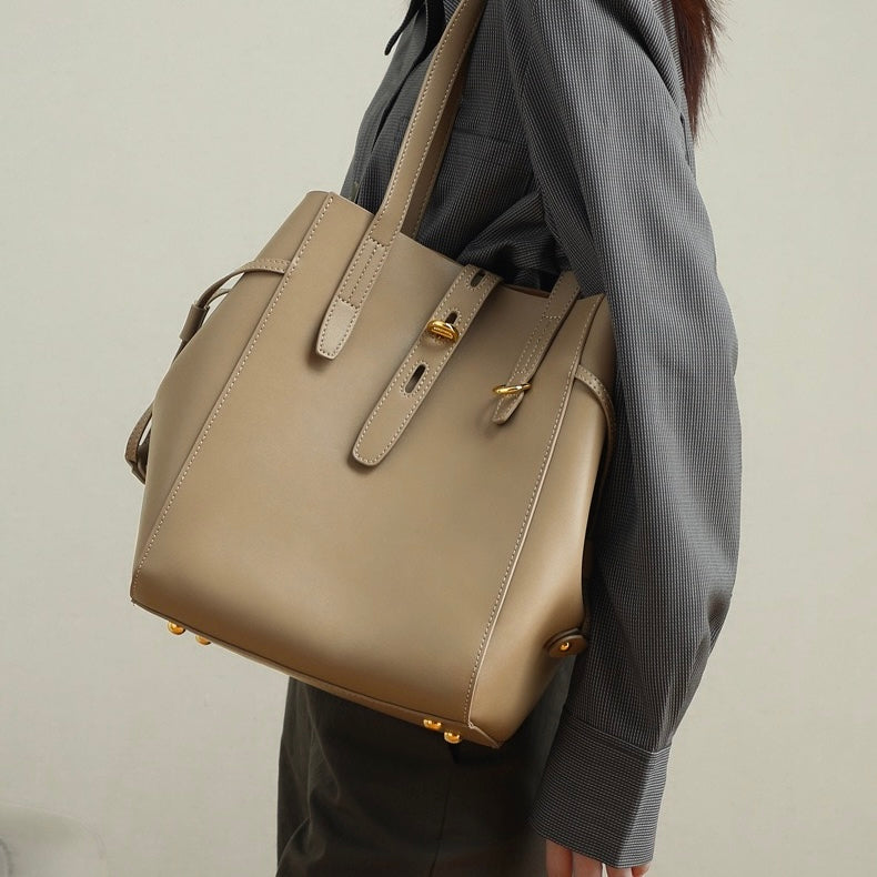 Women’s Genuine Leather Lock Buckle Tote Bag | Effortless Vintage Elegance