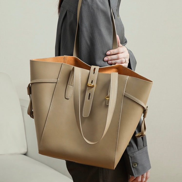 Women’s Genuine Leather Lock Buckle Tote Bag | Effortless Vintage Elegance