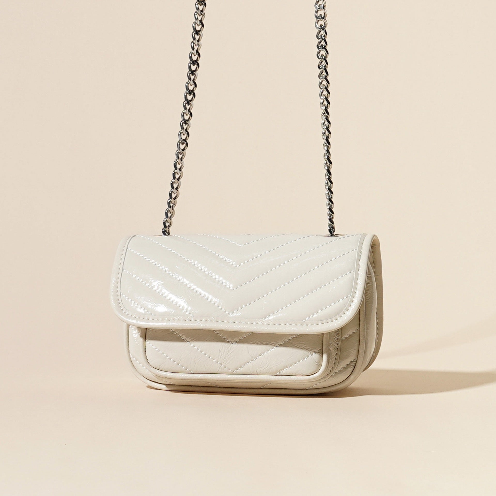 Women’s Genuine Leather Mini Flap Bag | Silver Chain Elegance