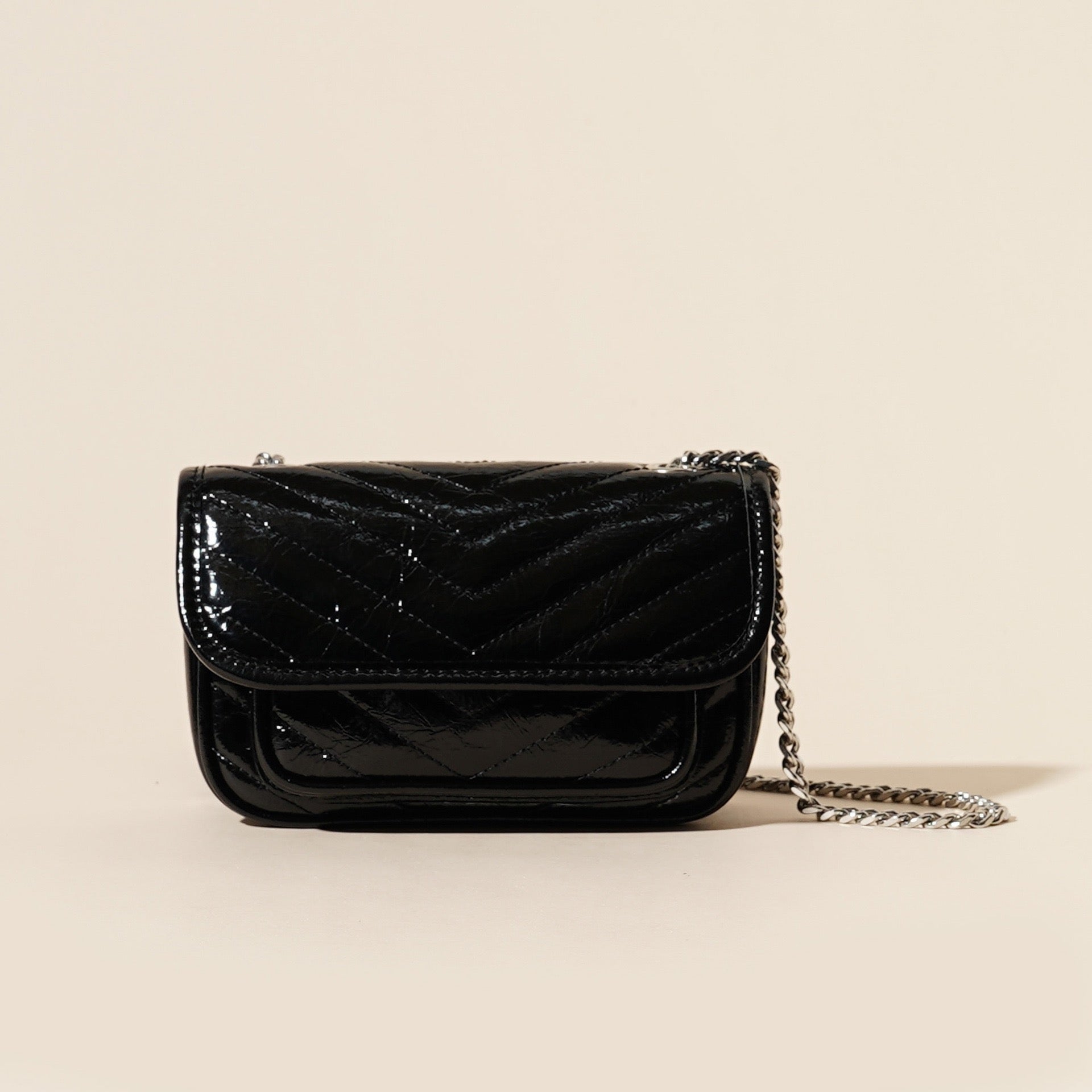 Women’s Genuine Leather Mini Flap Bag | Silver Chain Elegance