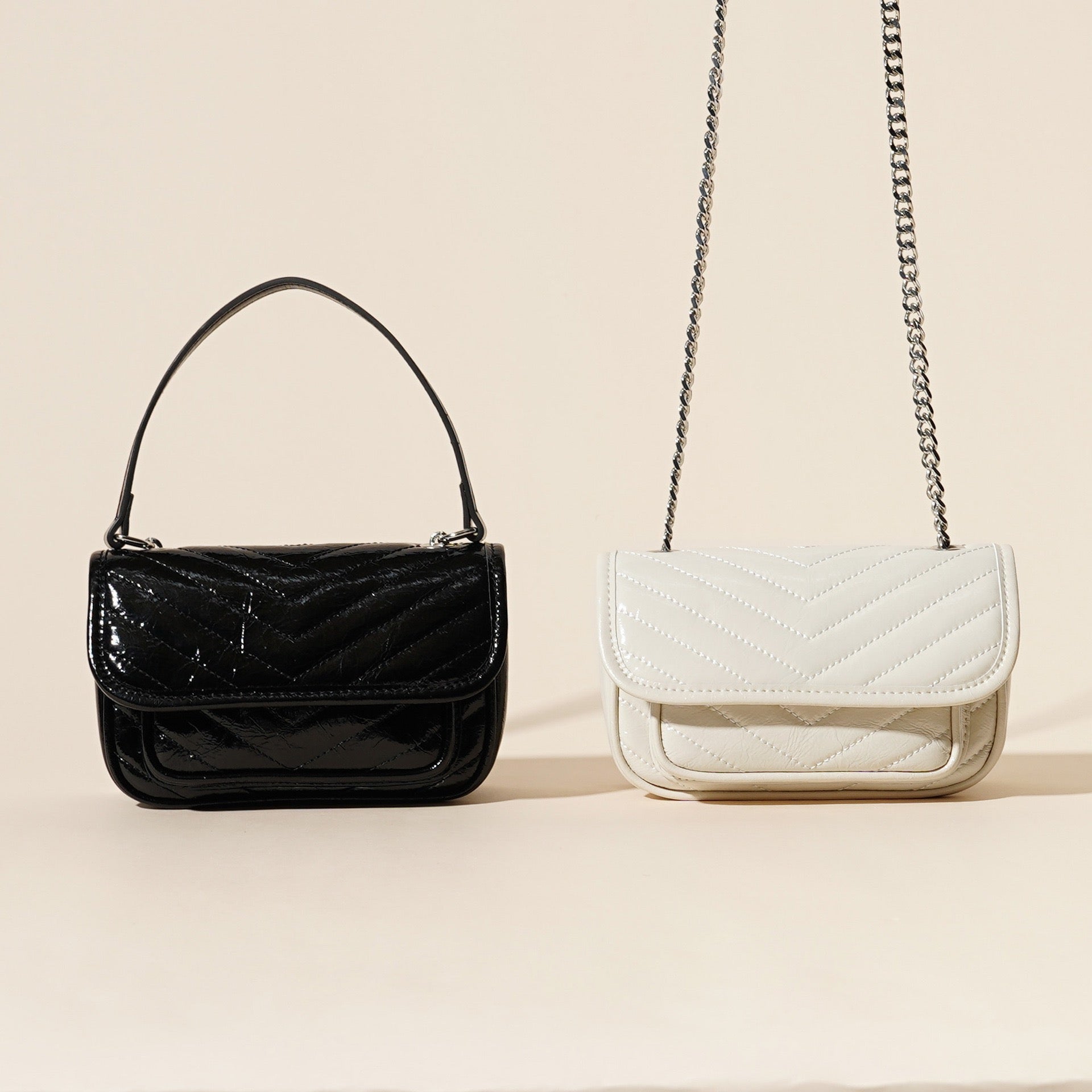 Women’s Genuine Leather Mini Flap Bag | Silver Chain Elegance