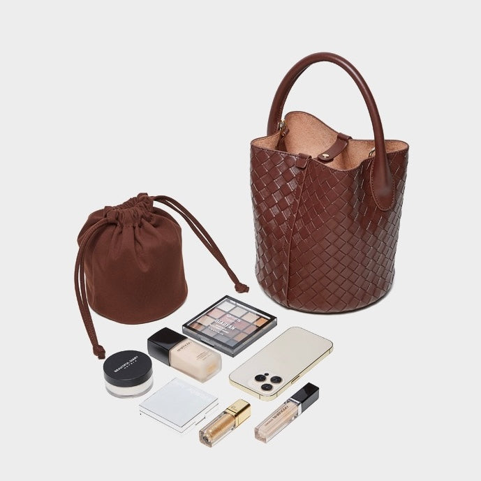 Women’s Genuine Leather Woven Bucket Crossbody Handbag | Effortless Elegance