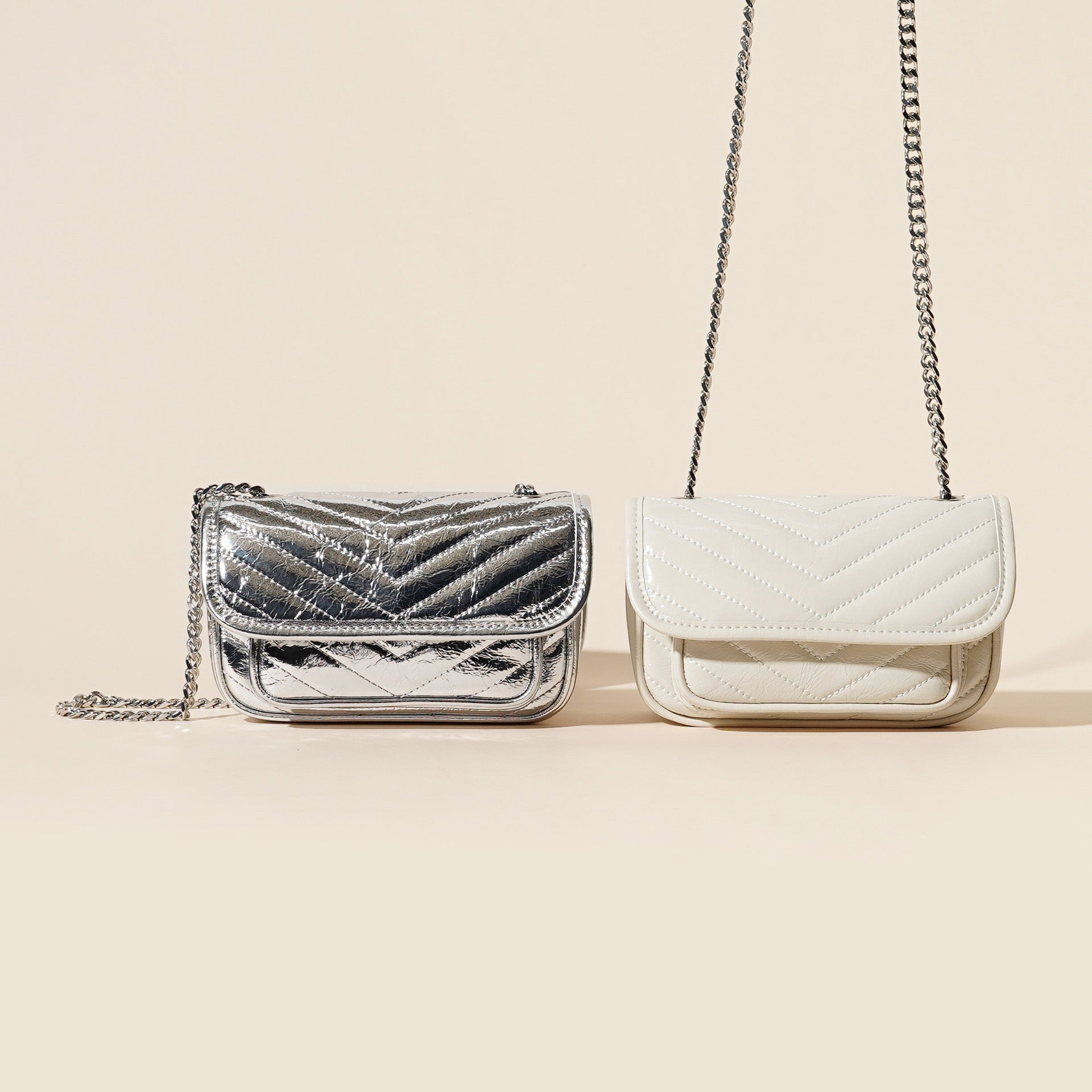 Women’s Genuine Leather Mini Flap Bag | Silver Chain Elegance