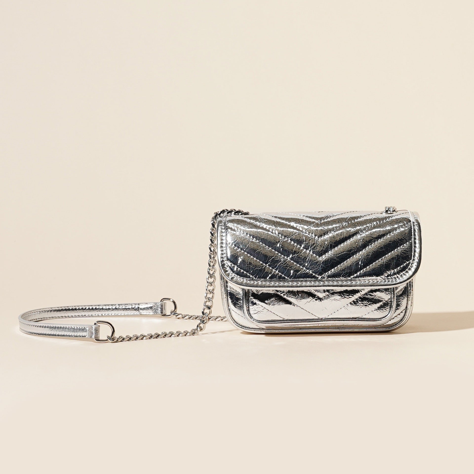 Women’s Genuine Leather Mini Flap Bag | Silver Chain Elegance