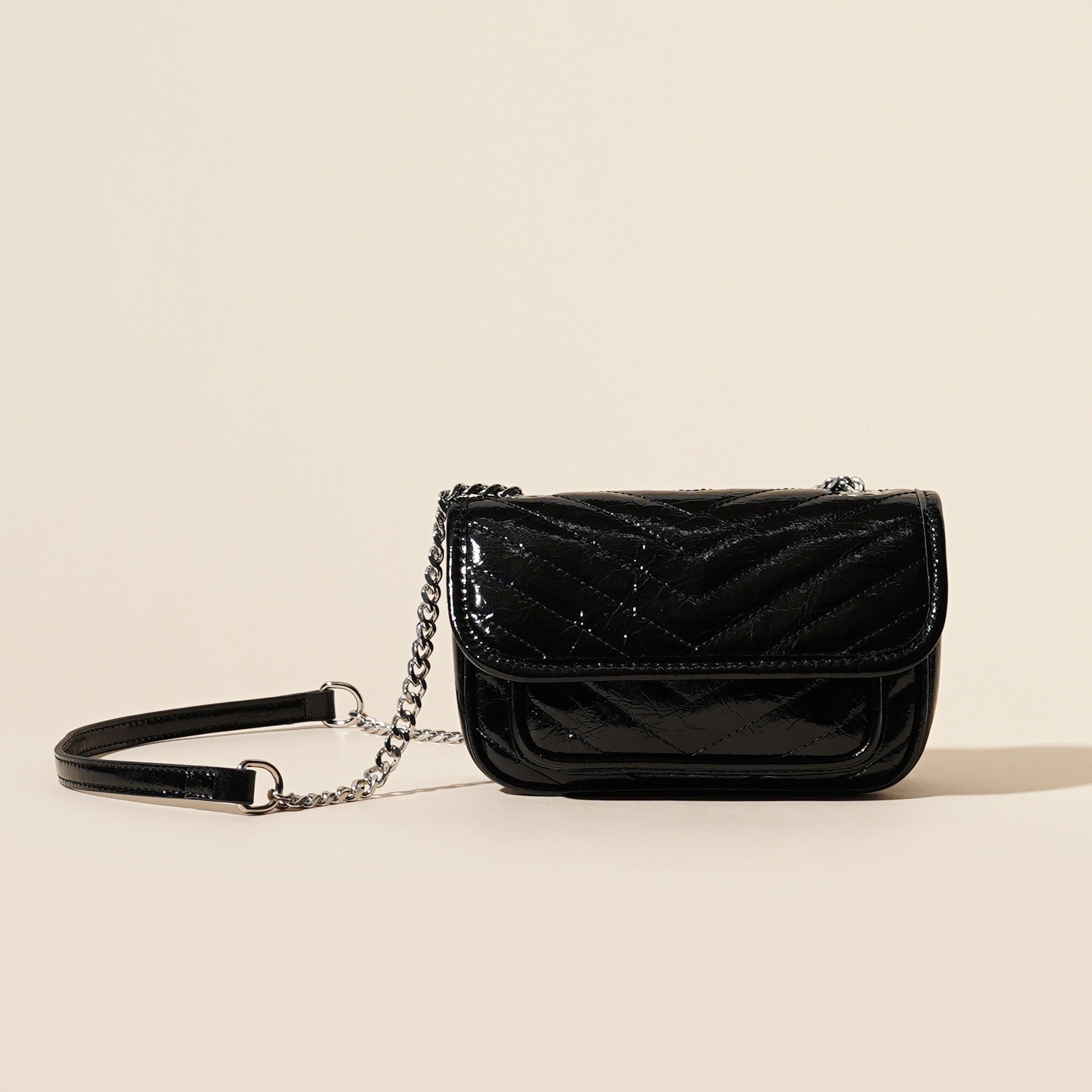 Women’s Genuine Leather Mini Flap Bag | Silver Chain Elegance