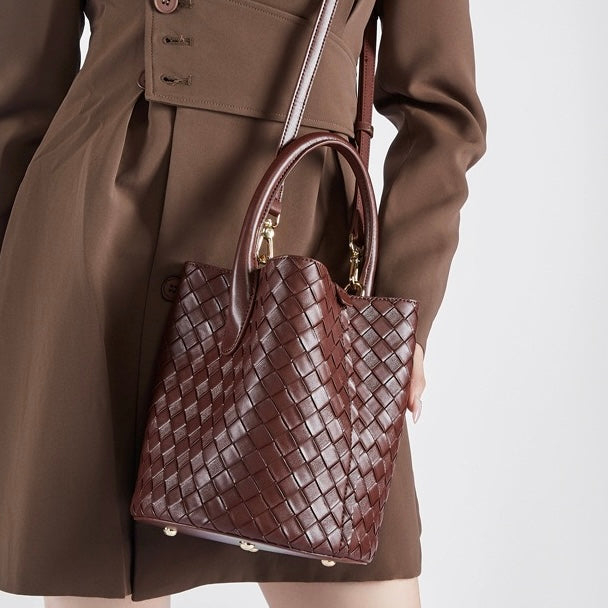 Women’s Genuine Leather Woven Bucket Crossbody Handbag | Effortless Elegance