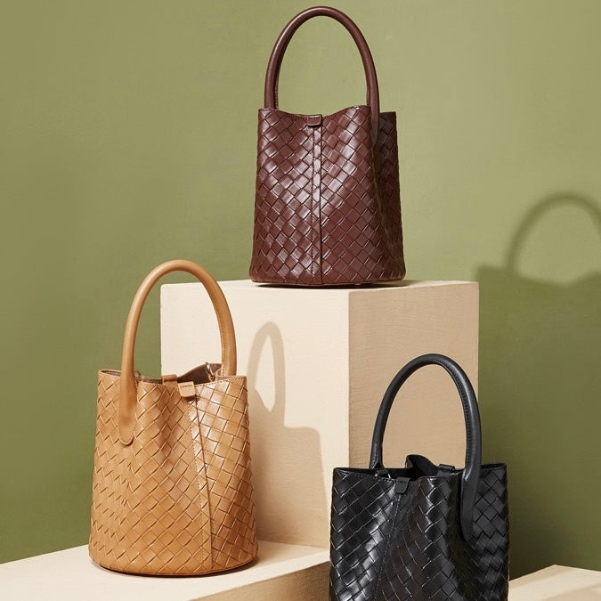 Women’s Genuine Leather Woven Bucket Crossbody Handbag | Effortless Elegance