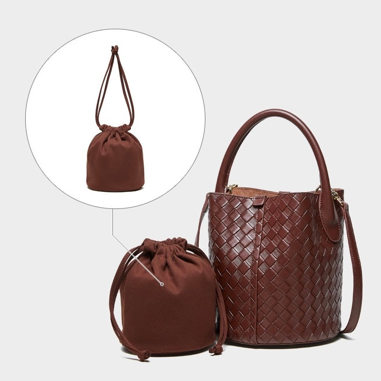 Women’s Genuine Leather Woven Bucket Crossbody Handbag | Effortless Elegance