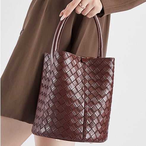 Women’s Genuine Leather Woven Bucket Crossbody Handbag | Effortless Elegance
