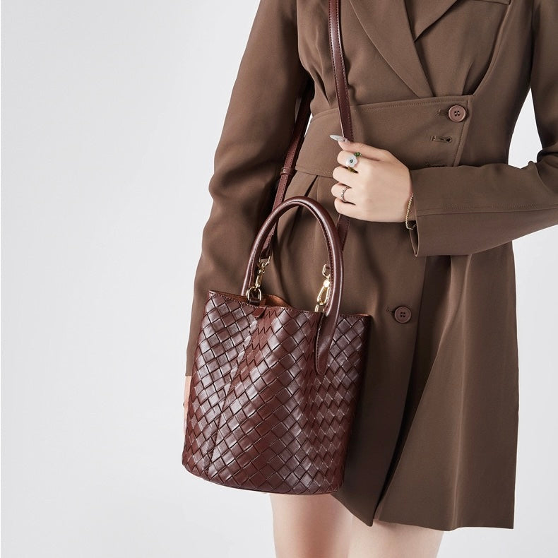 Women’s Genuine Leather Woven Bucket Crossbody Handbag | Effortless Elegance