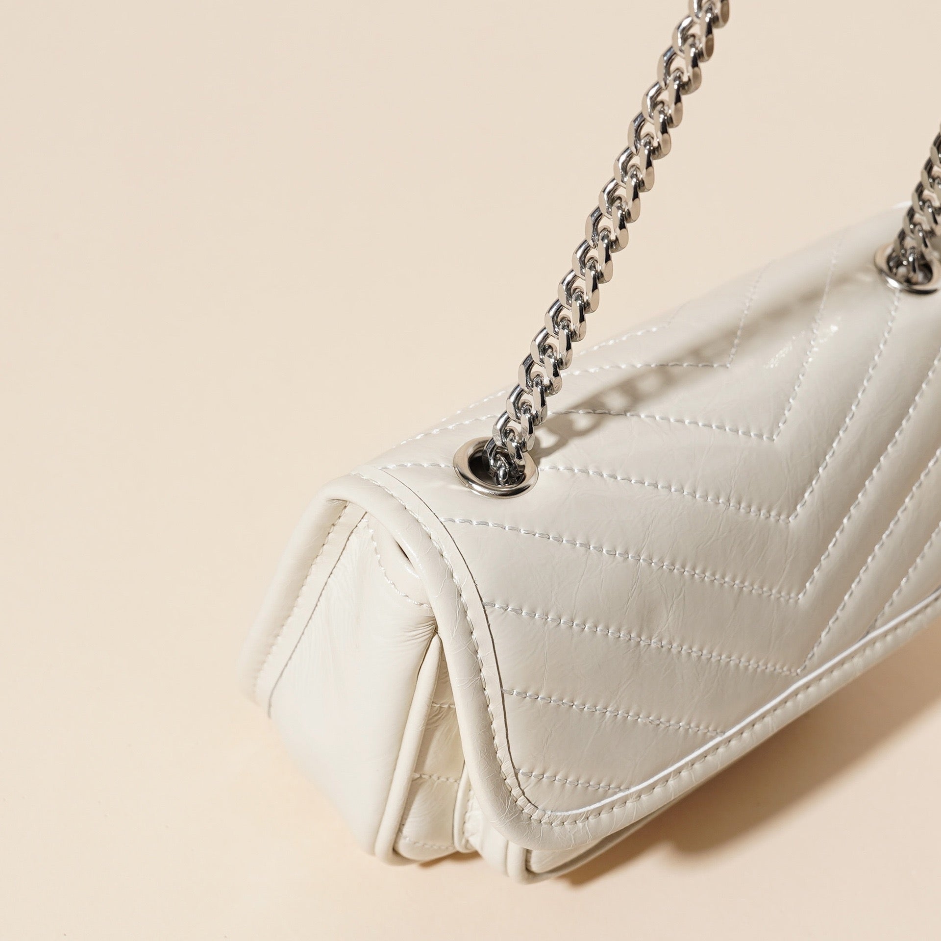 Women’s Genuine Leather Mini Flap Bag | Silver Chain Elegance