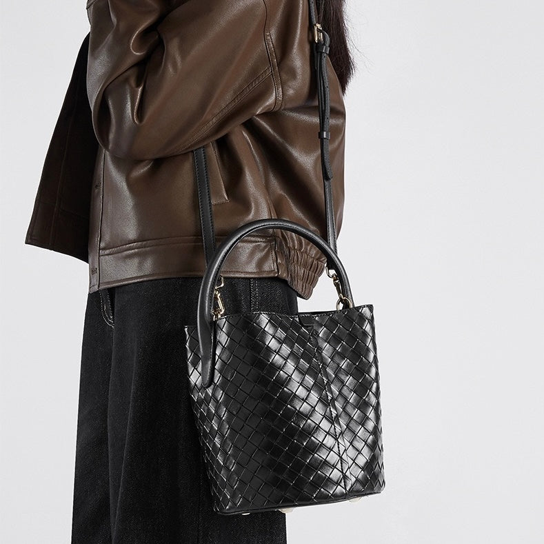 Women’s Genuine Leather Woven Bucket Crossbody Handbag | Effortless Elegance