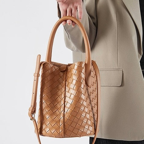 Women’s Genuine Leather Woven Bucket Crossbody Handbag | Effortless Elegance