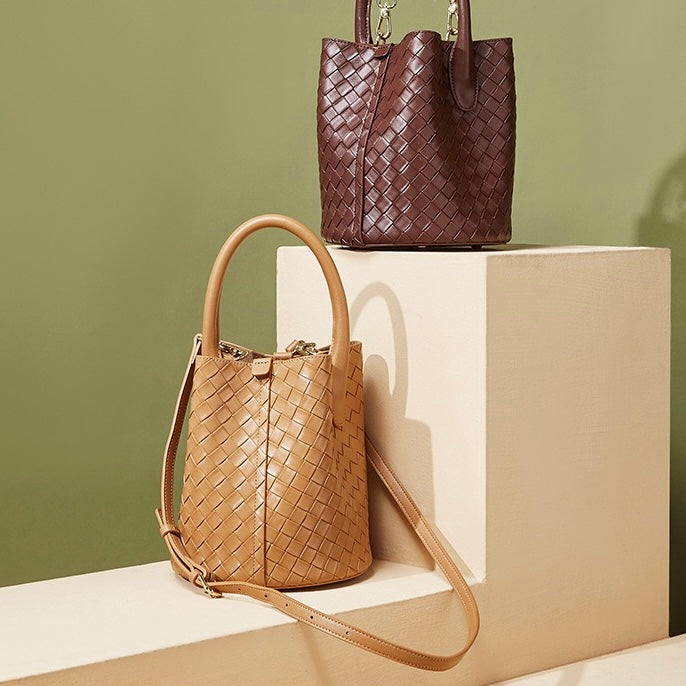 Women’s Genuine Leather Woven Bucket Crossbody Handbag | Effortless Elegance