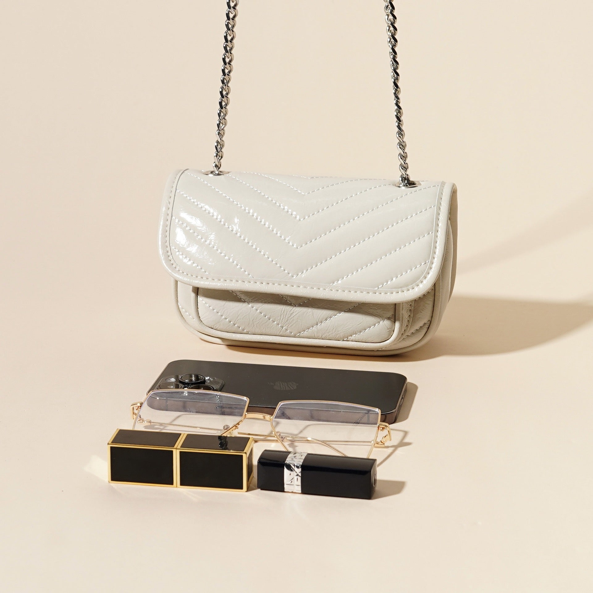 Women’s Genuine Leather Mini Flap Bag | Silver Chain Elegance