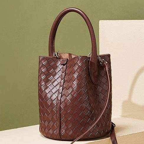 Women’s Genuine Leather Woven Bucket Crossbody Handbag | Effortless Elegance