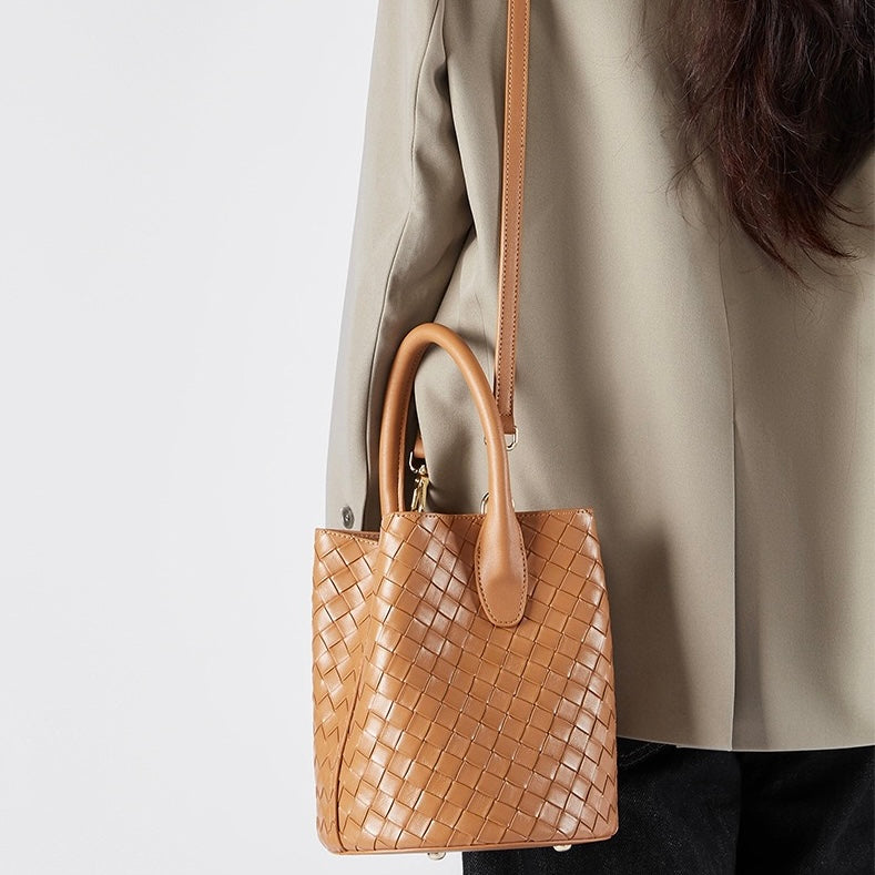 Women’s Genuine Leather Woven Bucket Crossbody Handbag | Effortless Elegance