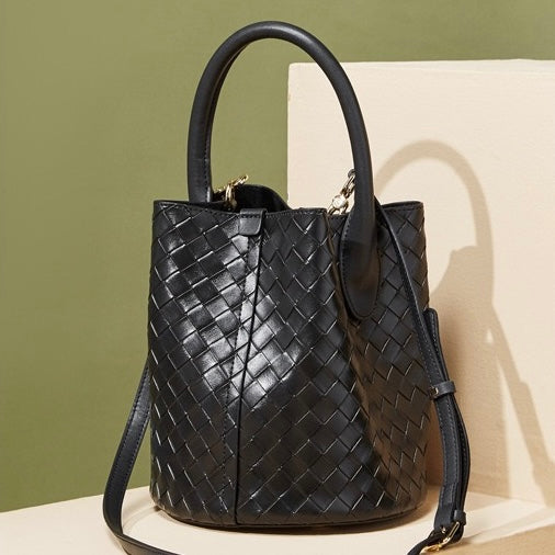 Women’s Genuine Leather Woven Bucket Crossbody Handbag | Effortless Elegance