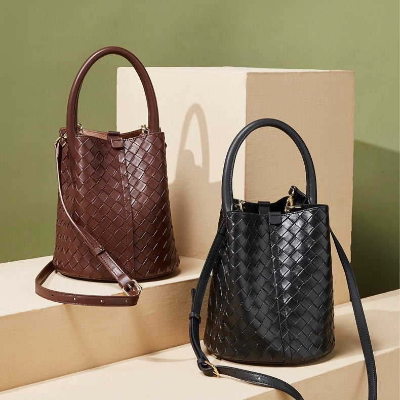 Women’s Genuine Leather Woven Bucket Crossbody Handbag | Effortless Elegance