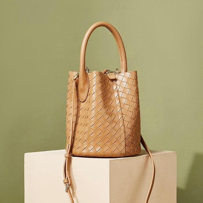Women’s Genuine Leather Woven Bucket Crossbody Handbag | Effortless Elegance