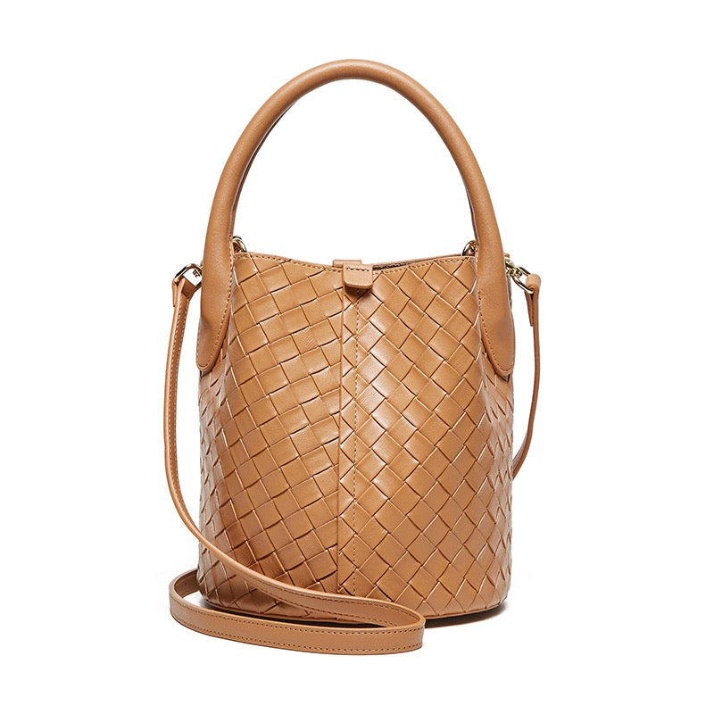 Women’s Genuine Leather Woven Bucket Crossbody Handbag | Effortless Elegance
