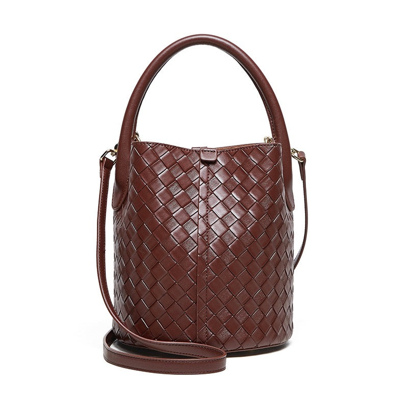 Women’s Genuine Leather Woven Bucket Crossbody Handbag | Effortless Elegance