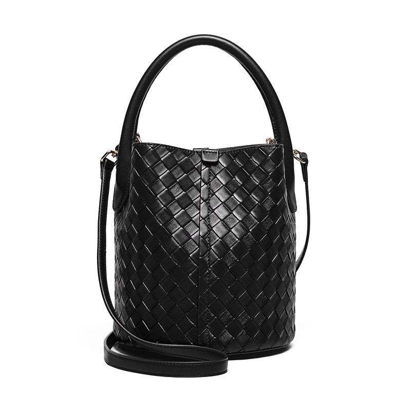Women’s Genuine Leather Woven Bucket Crossbody Handbag | Effortless Elegance