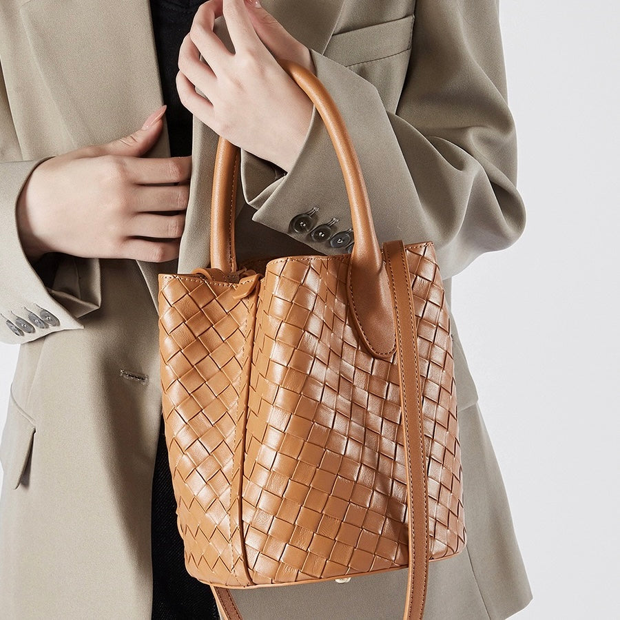 Women’s Genuine Leather Woven Bucket Crossbody Handbag | Effortless Elegance