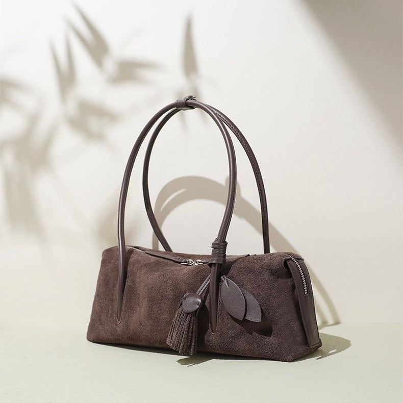 Matte Genuine Leather Tassel Shoulder Pillow Bag | Effortless Quiet Elegance