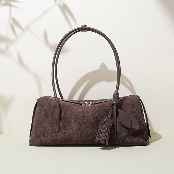 Matte Genuine Leather Tassel Shoulder Pillow Bag | Effortless Quiet Elegance