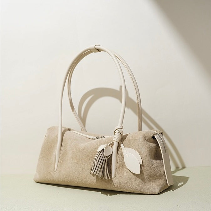 Matte Genuine Leather Tassel Shoulder Pillow Bag | Effortless Quiet Elegance