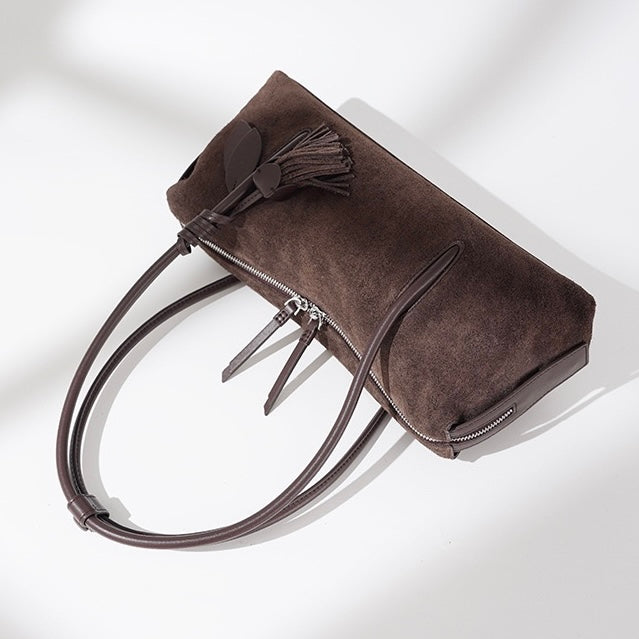 Matte Genuine Leather Tassel Shoulder Pillow Bag | Effortless Quiet Elegance