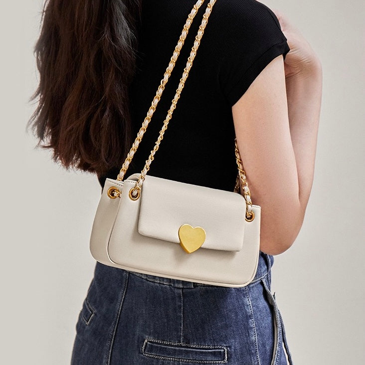 Women’s Genuine Leather Chain Shoulder Crossbody Bag | Heart Buckle Elegance