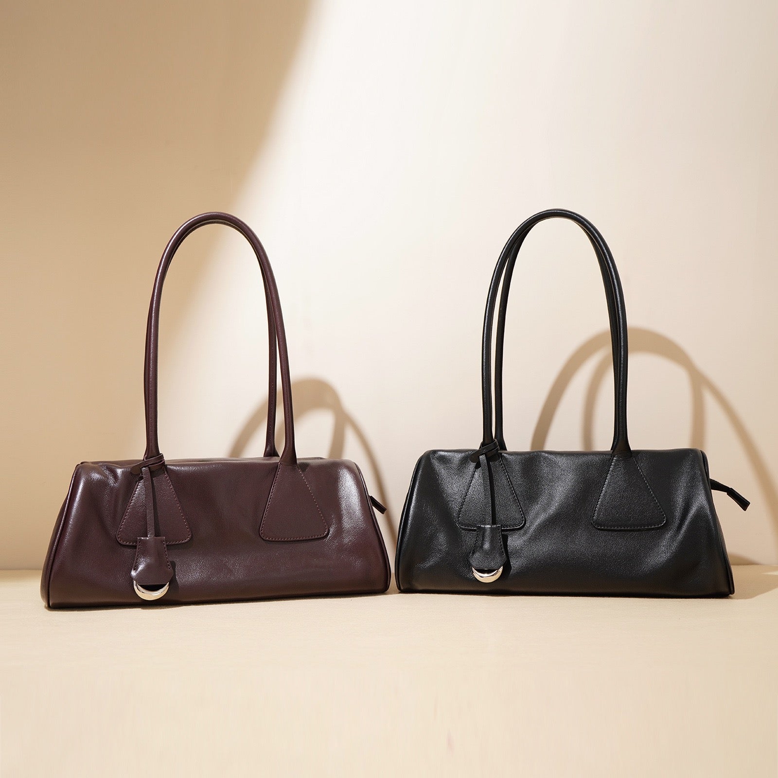 Women’s Genuine Leather Triangle Barrel Shoulder Bag | Effortless Vintage Poise