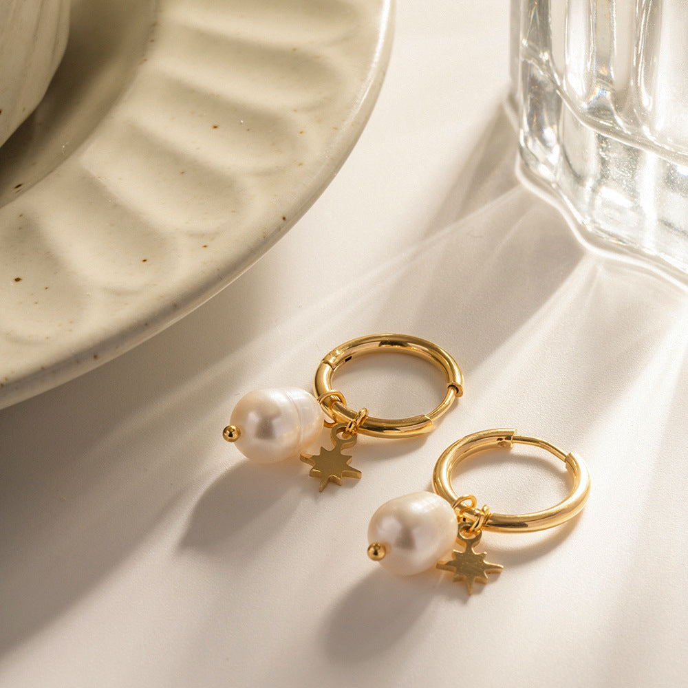 Natural Freshwater Pearl Star Pendant Earrings | Effortless Celestial Elegance