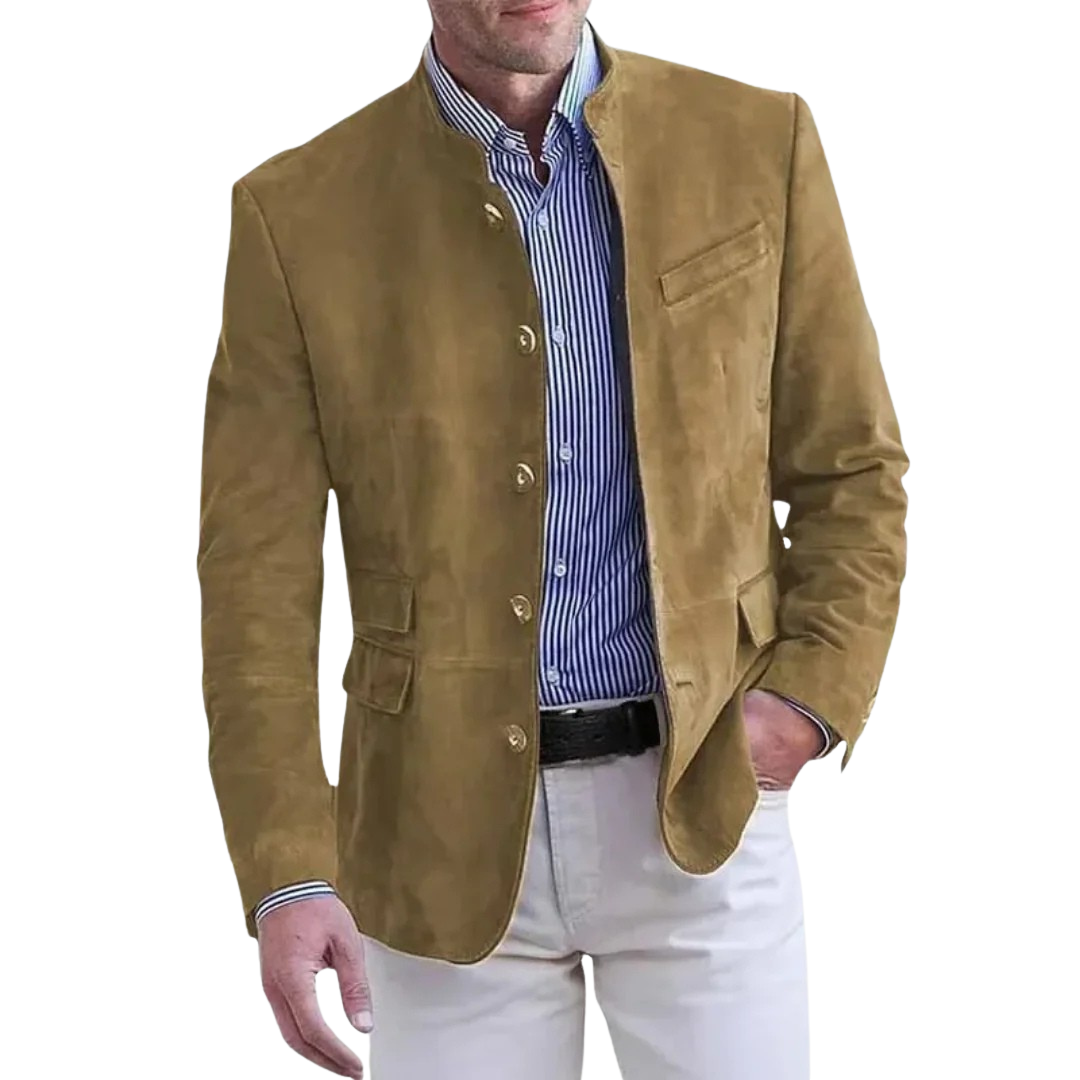 Sage | Suede Leather Jacket | Tailored Mandarin Collar With Modern Elegance