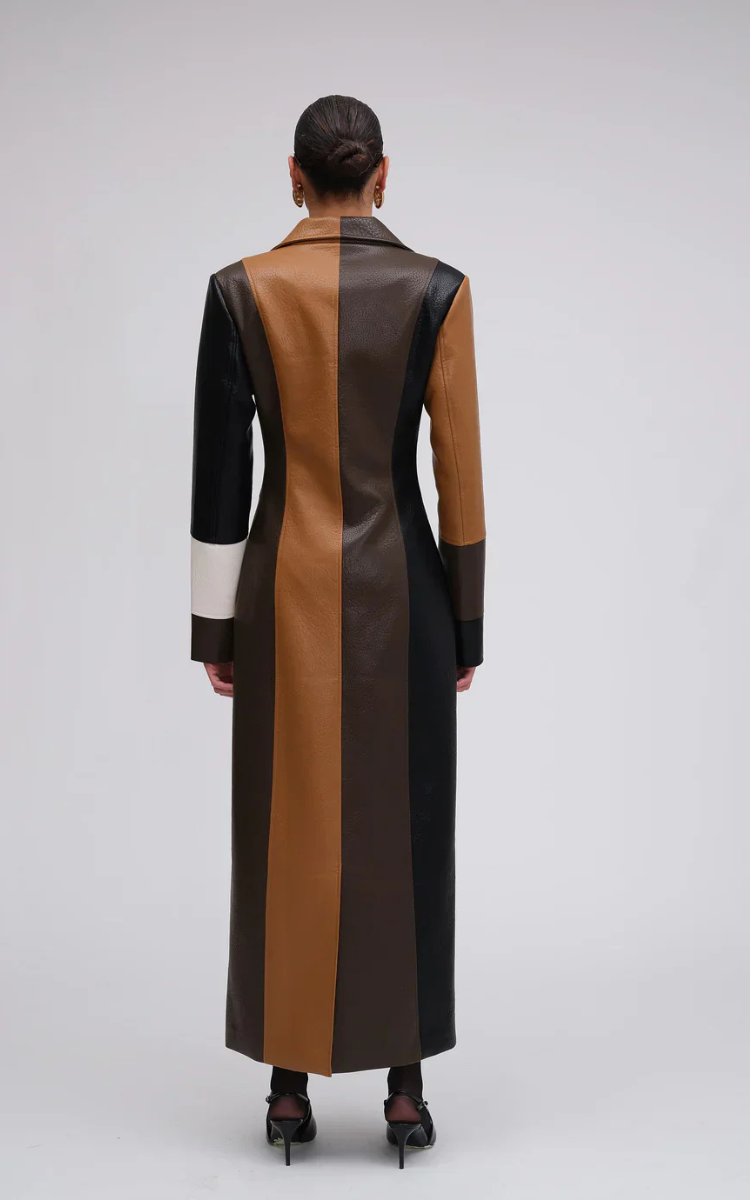 Faux Leather Trenchcoat | Longline Mosaic Patchwork Elegance