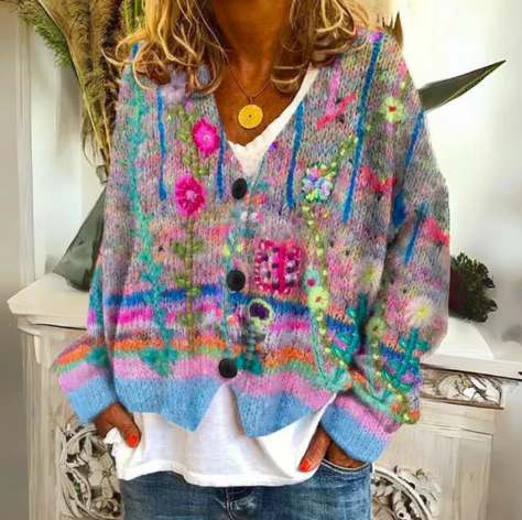 Painterly Floral Cardigan | Artful Color and Quiet Bohemian Elegance