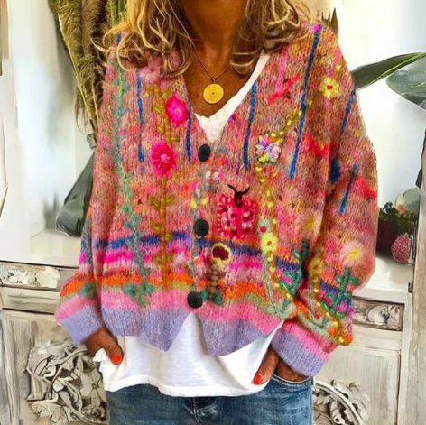 Painterly Floral Cardigan | Artful Color and Quiet Bohemian Elegance