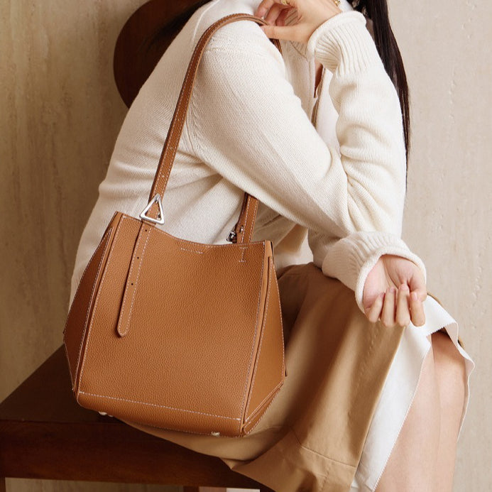 Women’s Camel Textured Leather Shoulder Tote | Effortless Elegance