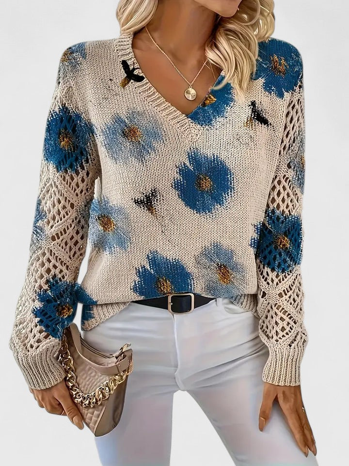 Elegant Floral V-Neck Sweater | Airy Timeless Everyday Sophistication